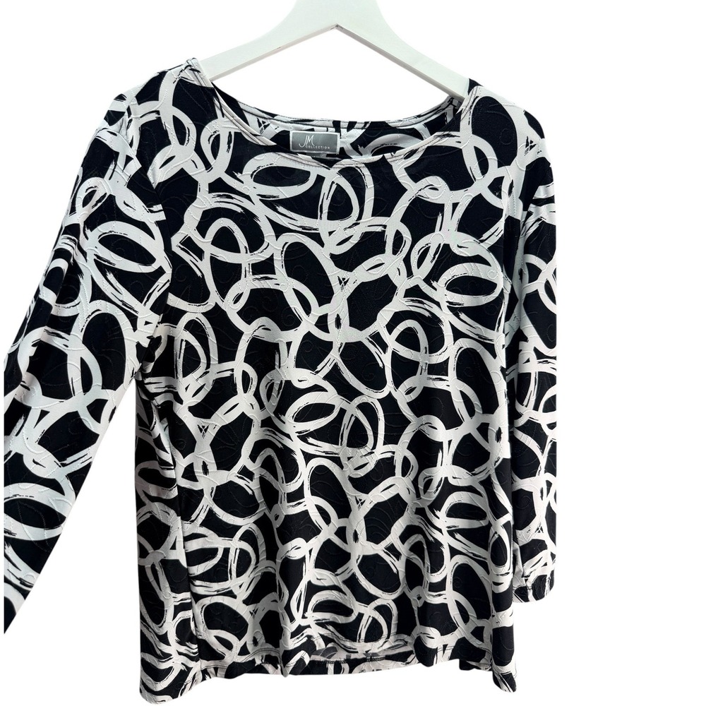 JM Collection Top Womens M Black Abstract Print 3/4 Sleeve Blouse Officewear